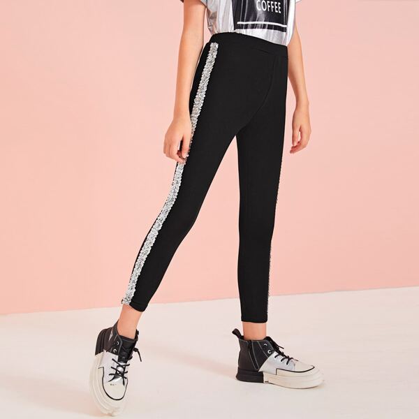 

Girls Contrast Sequin Side Leggings, Black