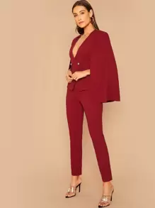 SHEIN Privé Double Breasted Cape Blazer and Tailored Trousers Set - Burgundy - View 4