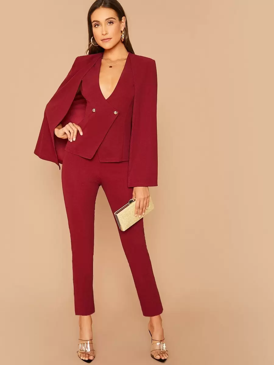 SHEIN Privé Double Breasted Cape Blazer and Tailored Trousers Set - Burgundy - View 1
