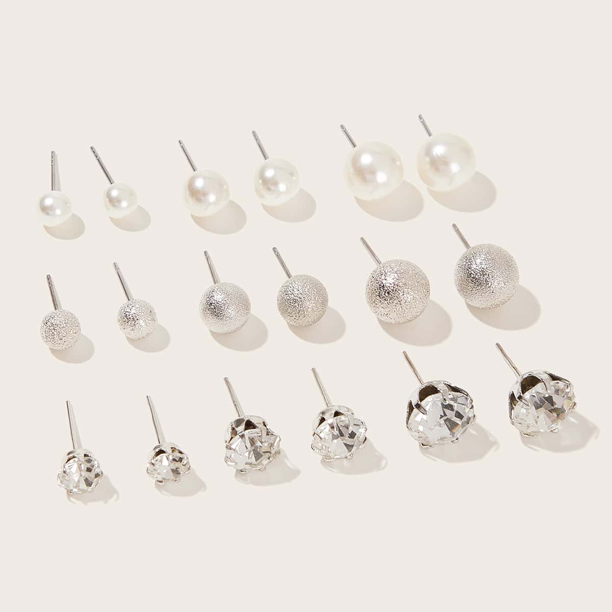 

9pairs Faux Pearl & Rhinestone Stud Earrings, Multicolor