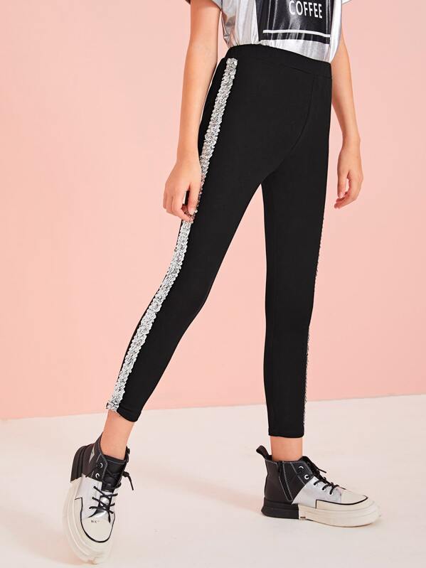 

Girls Contrast Sequin Side Leggings, Black, Sashab
