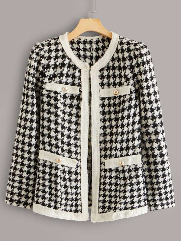 

Frayed Trim Open Front Houndstooth Tweed Coat, Black and white