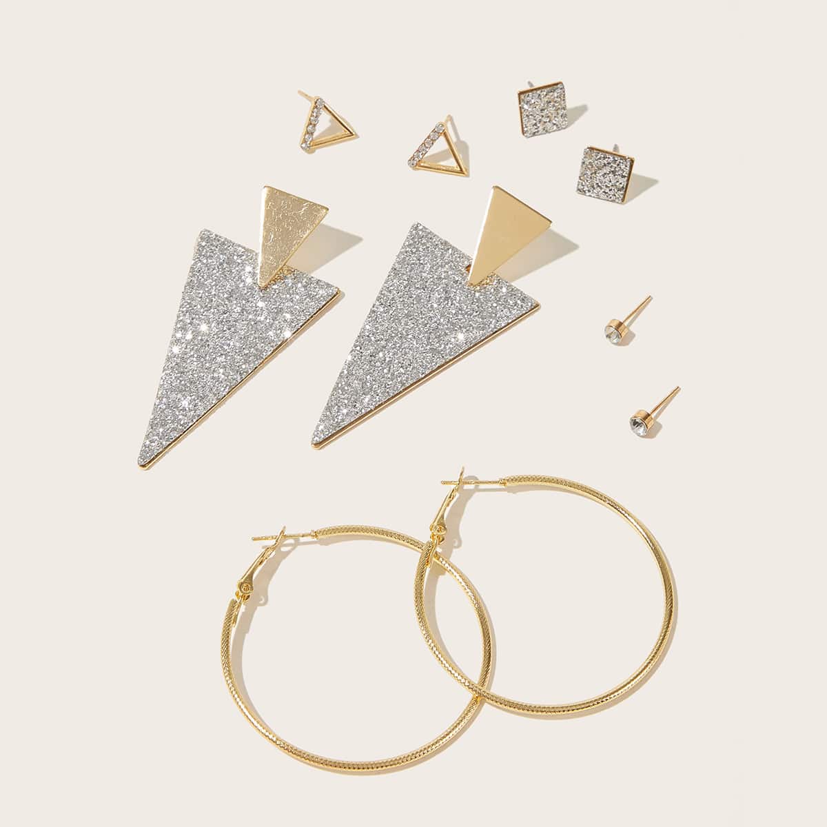 

5pairs Glitter Triangle & Round Earrings, Multicolor