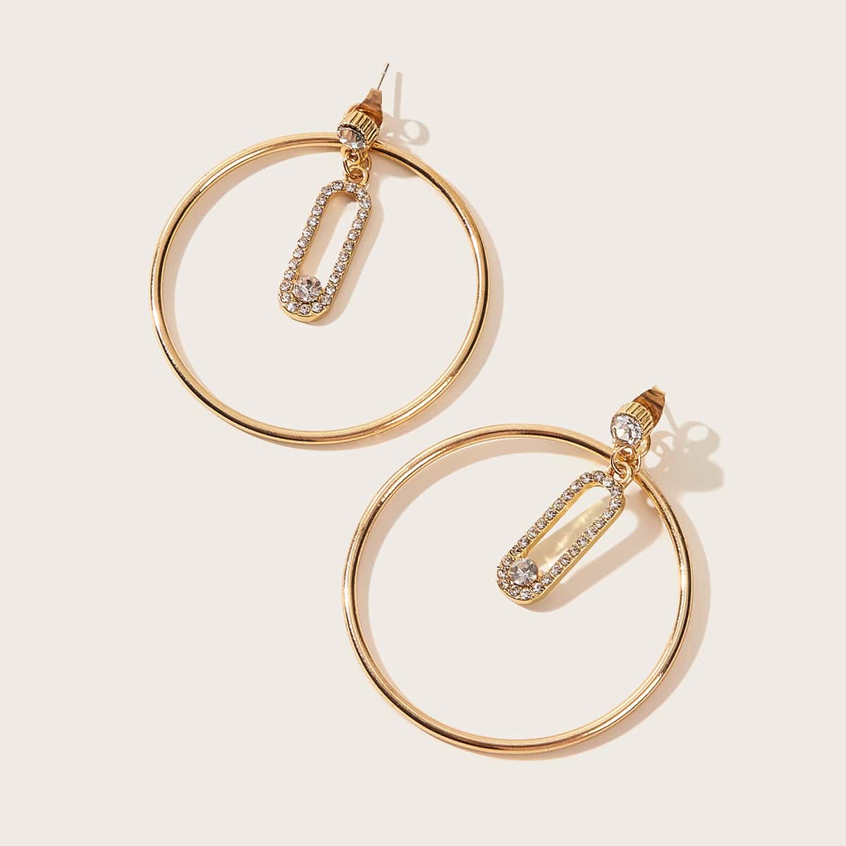 

1pair Rhinestone Engraved Pin Hoop Drop Earrings, Gold