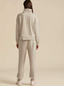 SHEIN Funnel Neck Pullover & Drawstring Joggers Set - Beige - View 2