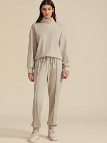 SHEIN Funnel Neck Pullover & Drawstring Joggers Set - Beige - View 4