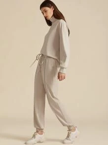 SHEIN Funnel Neck Pullover & Drawstring Joggers Set - Beige - View 5
