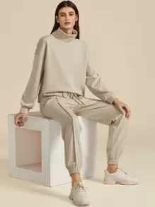 SHEIN Funnel Neck Pullover & Drawstring Joggers Set - Beige - View 3