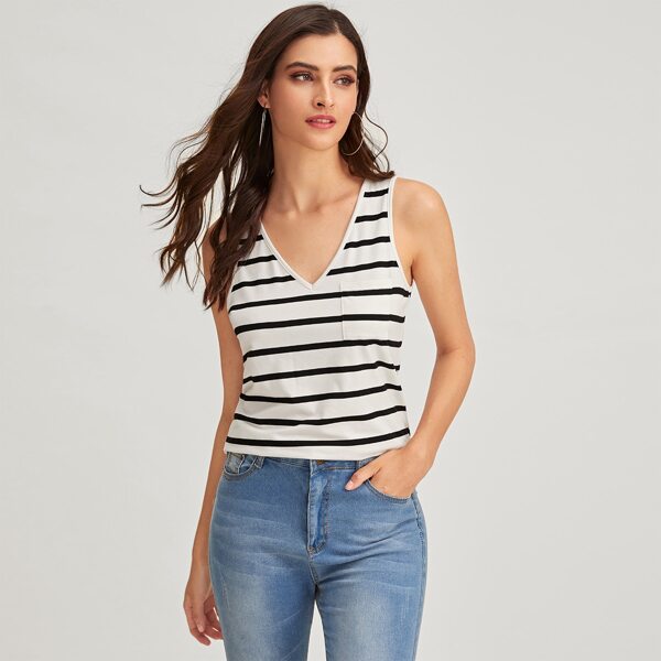 

Pocket Front Striped Tank Top, Black and white