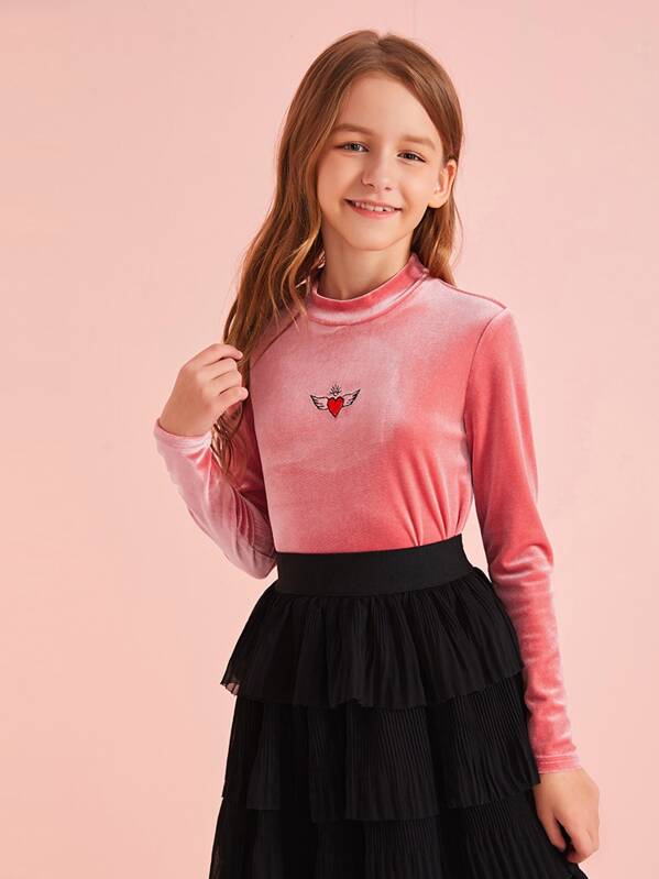 

Girls Heart Embroidered Velvet Top, Pink, Sashab