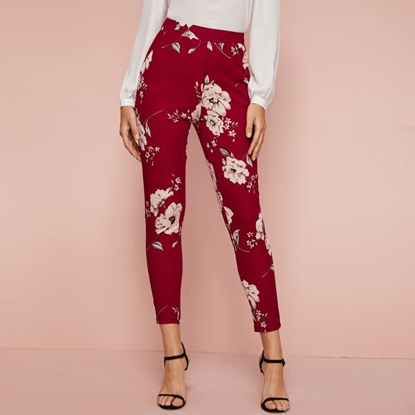 

Elastic Waist Floral Print Pants, Burgundy