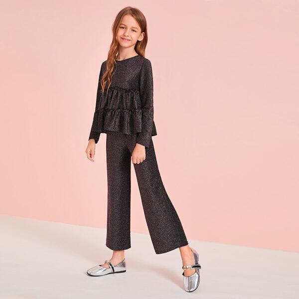 

Girls Ruffle Hem Glitter Top & Wide Leg Pants Set, Black