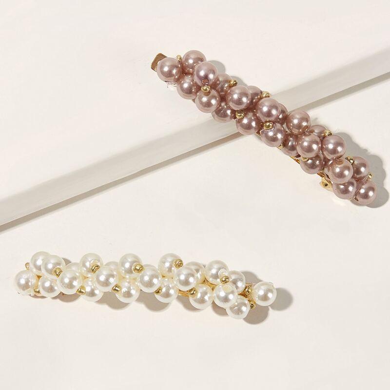 

2pcs Faux Pearl Beaded Hair Clip, Multicolor