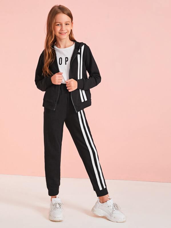 

Girls Zip Up Striped Print Sweatshirt & Joggers Set, Black, Sashab