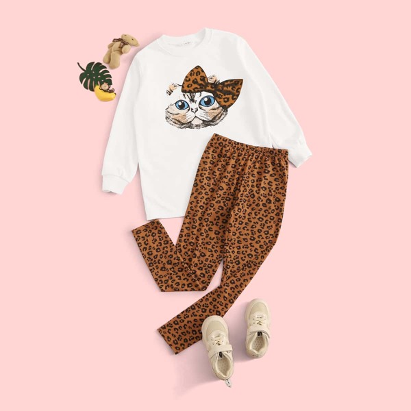 

Girls Cartoon Graphic Pullover & Leopard Leggings Set, Multicolor