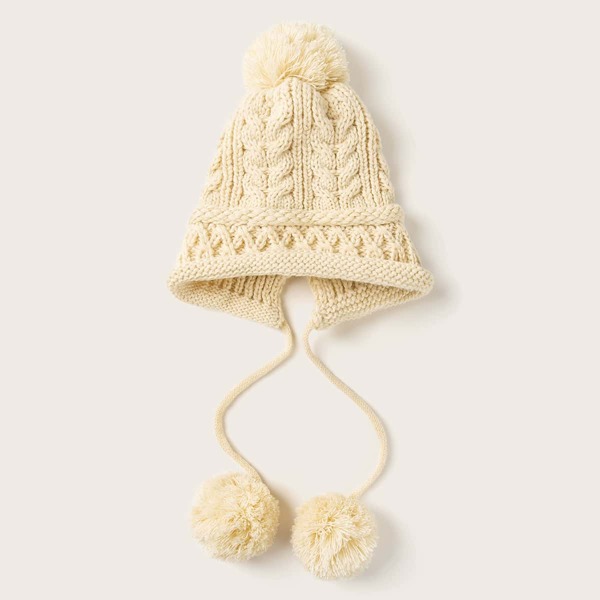 

Pom Pom Decor Braided Knit Beanie, Beige