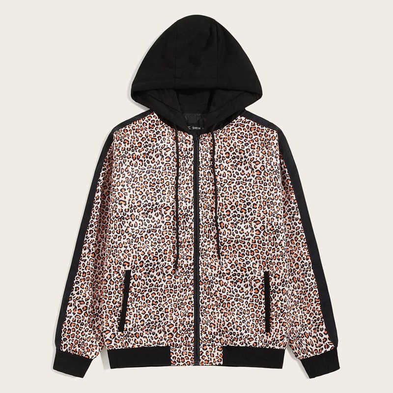 

Guys Leopard Print Zipper Up Drawstring Hoodie Jacket, Multicolor
