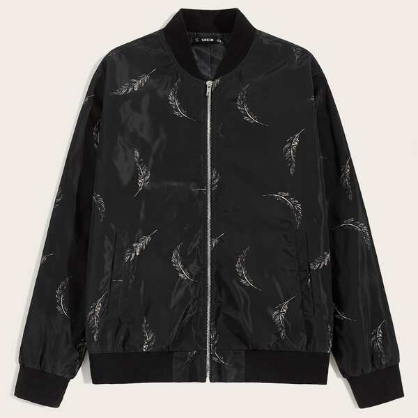 

Men Feather Print Zip Up Bomber Jacket, Black