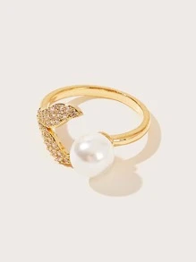 1pc Rhinestone Decor Fishtail & Faux Pearl Decor Ring - Yellow Gold - View 2