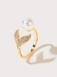 1pc Rhinestone Decor Fishtail & Faux Pearl Decor Ring - Yellow Gold - View 1