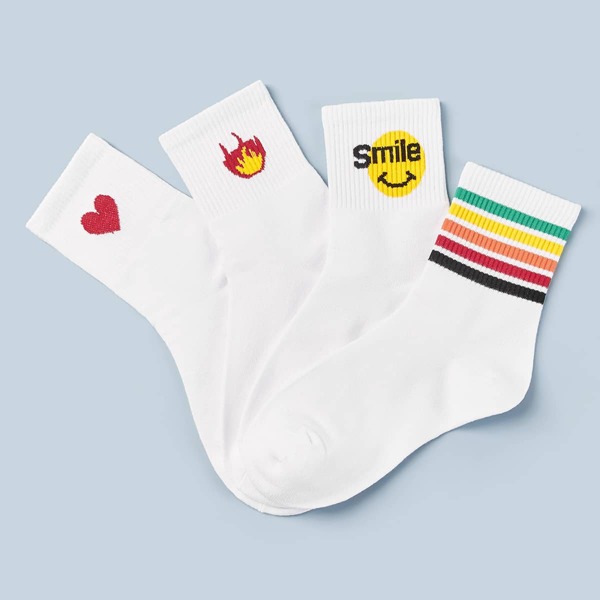 

4pairs Striped & Smile Pattern Socks, Multicolor