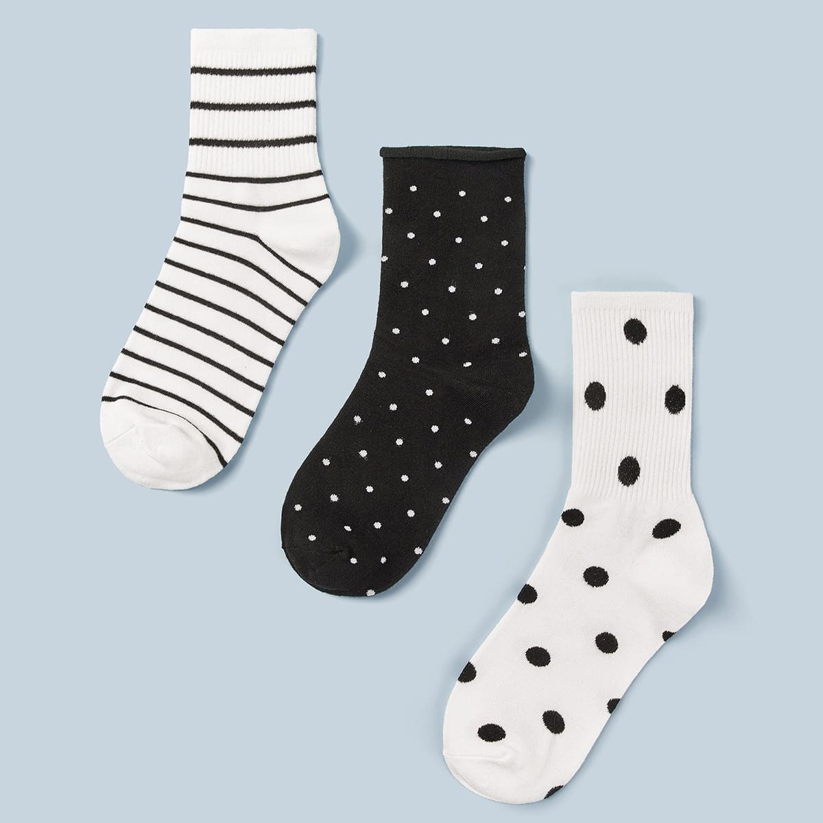 

3pairs Striped & Polka Dot Pattern Socks, Black and white