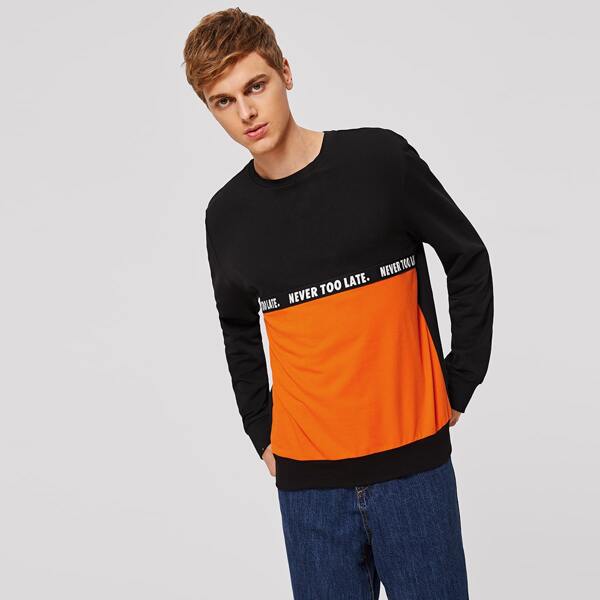 

Men Slogan Tape Detail Two Tone Pullover, Multicolor