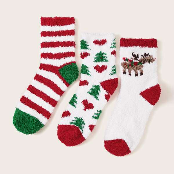 

3pairs Christmas New Year Deer & Striped Pattern Fluffy Socks, Multicolor