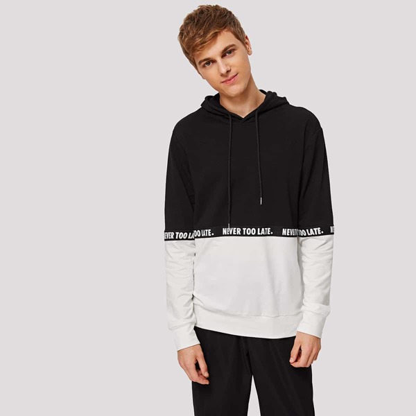 Men Letter Tape Colorblock Hoodie, Black and white