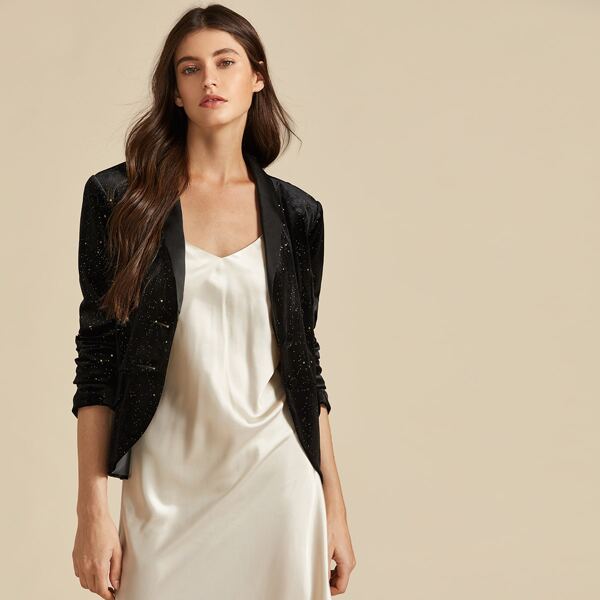 

Premium Shawl Collar Glitter Detail Velvet Blazer, Black