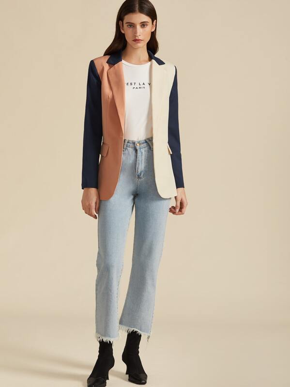 

Premium Notch Collar Colorblock Single Button Blazer, Multicolor, Mila