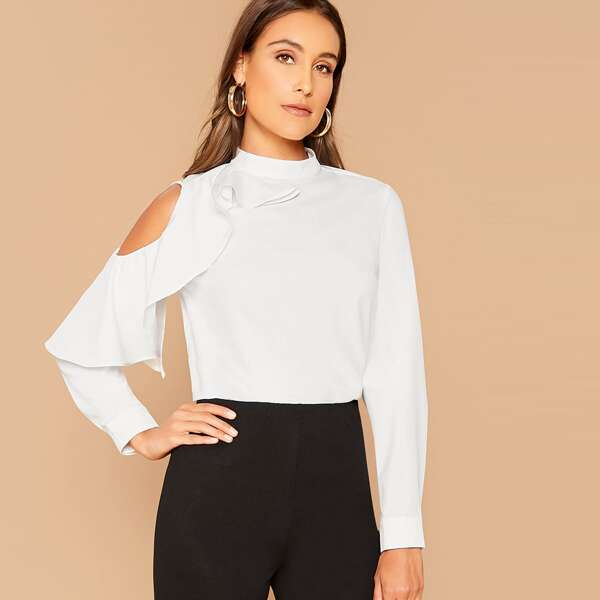 

Mock-neck Open Sleeve Ruffle Trim Top, White