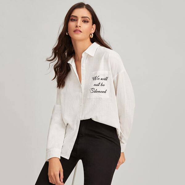 

Slogan Graphic Pocket Patched Shirt, White