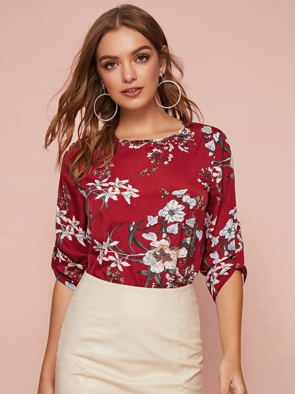 

Roll Tap Sleeve Floral Print Top, Burgundy, Luiza