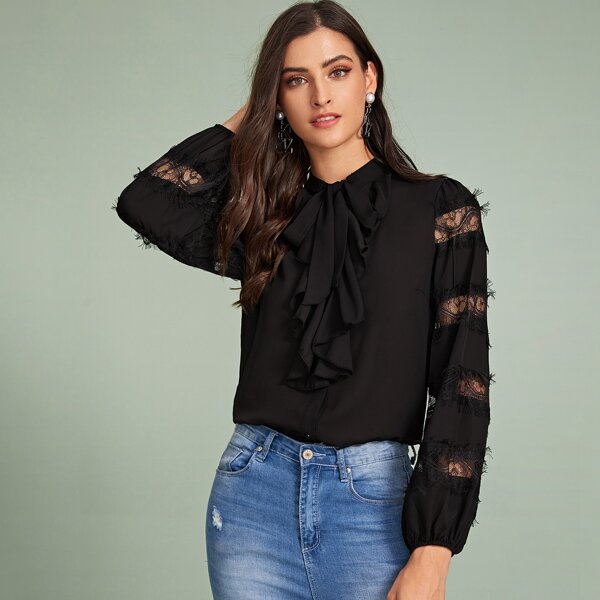 

Jabot Collar Lace Insert Blouse, Black