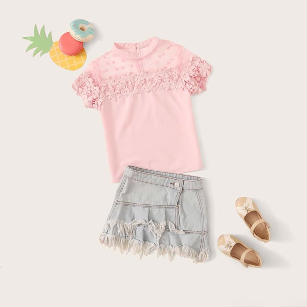 

Girls Dobby Mesh Yoke Guipure Lace Applique Top, Pink pastel