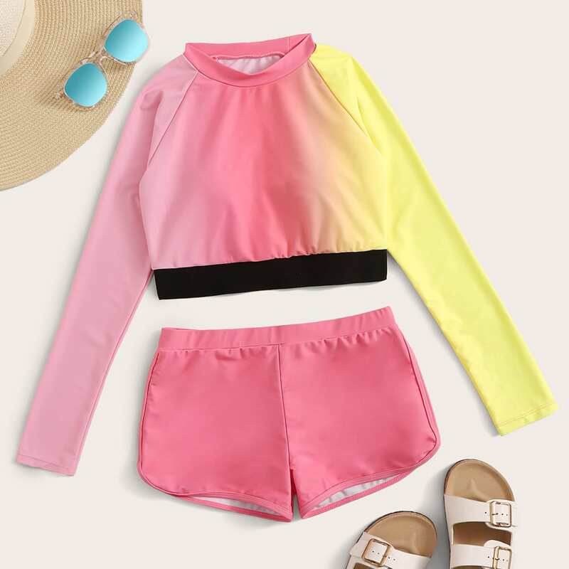 

Tie Dye Long Sleeve Top With Shorts 2piece Swim, Multicolor