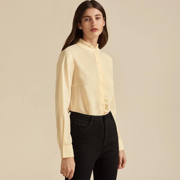 

Premium Frilled Neck Button Front Blouse, Yellow pastel