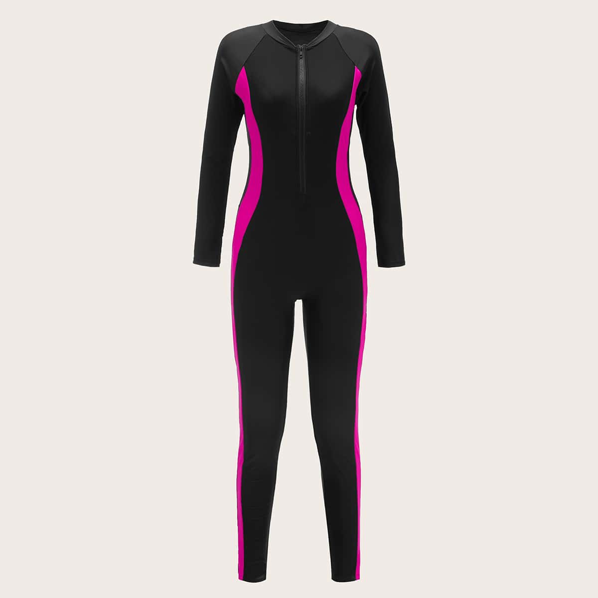 

Zipper Front Long Sleeve One Piece Swimwear, Black