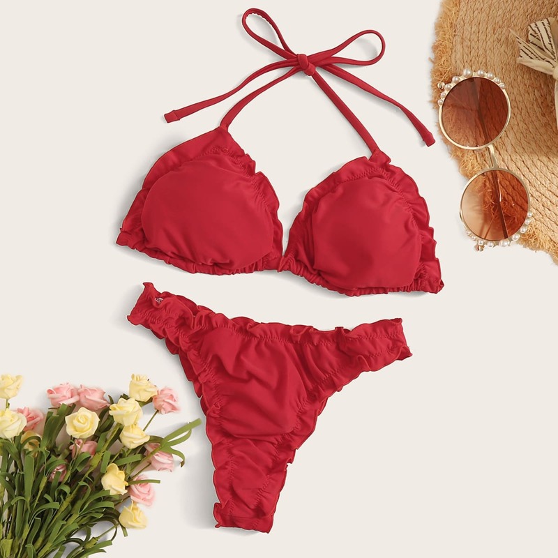 

Frill Trim Halter Bikini Set, Red