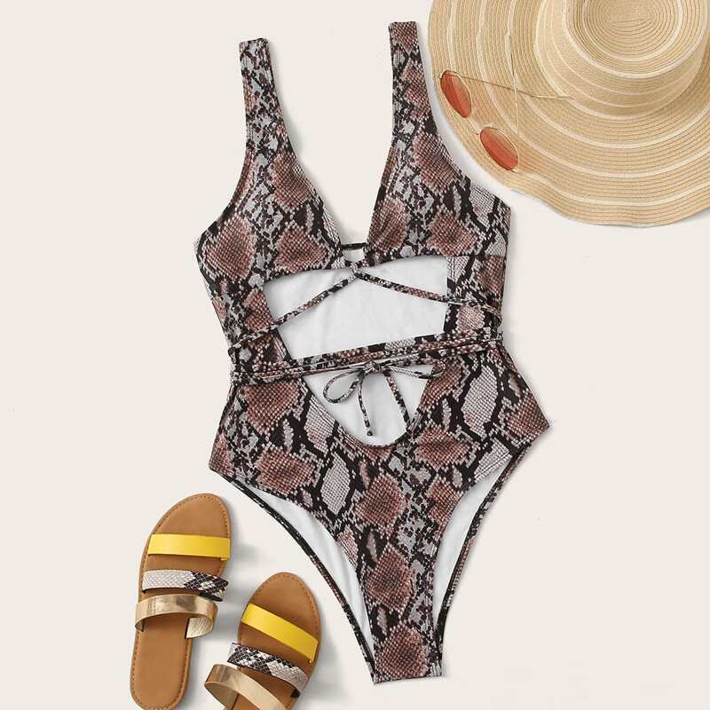

Snakeskin Tie Front One Piece Swimwear, Multicolor