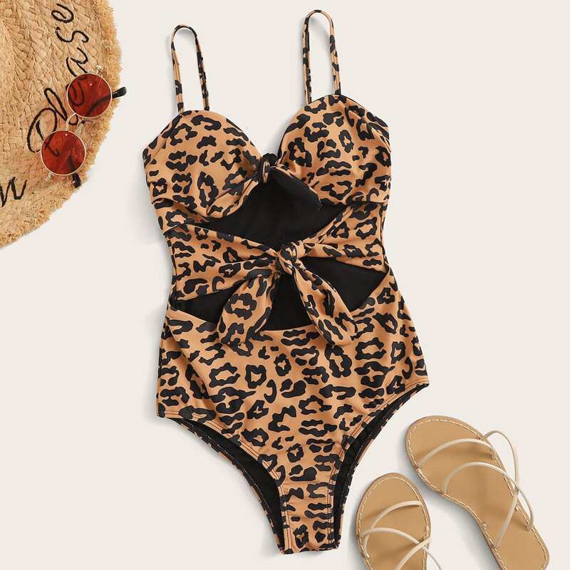 

Leopard Knot Front One Piece Swimwear, Yellow