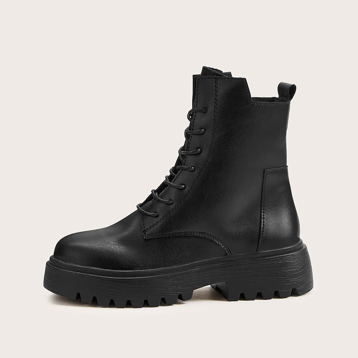 Lace-up Front Side Zip Combat Boots, Black