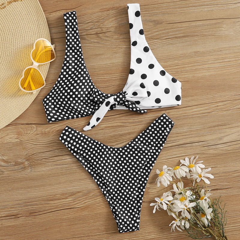 

Polka Dot Top With High Cut Bikini Set, Black and white
