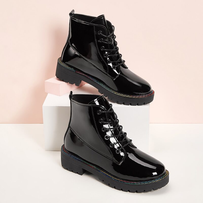 

Lace-up Front Patent Combat Boots, Black