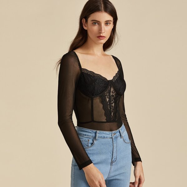 

Premium Lace Detail Sheer Mesh Bustier Bodysuit, Black