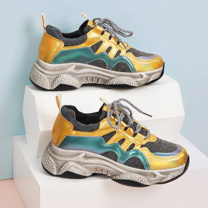 

Lace-up Front Glitter Decor Chunky Sneakers, Multicolor