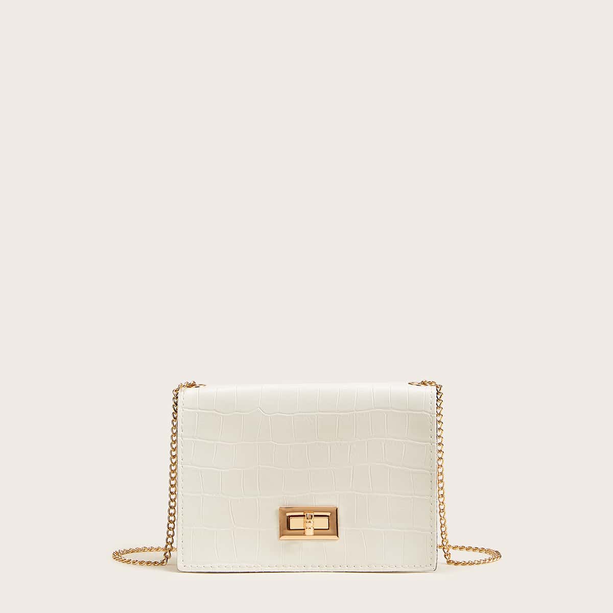 

Twist Lock Croc Embossed Chain Bag, White