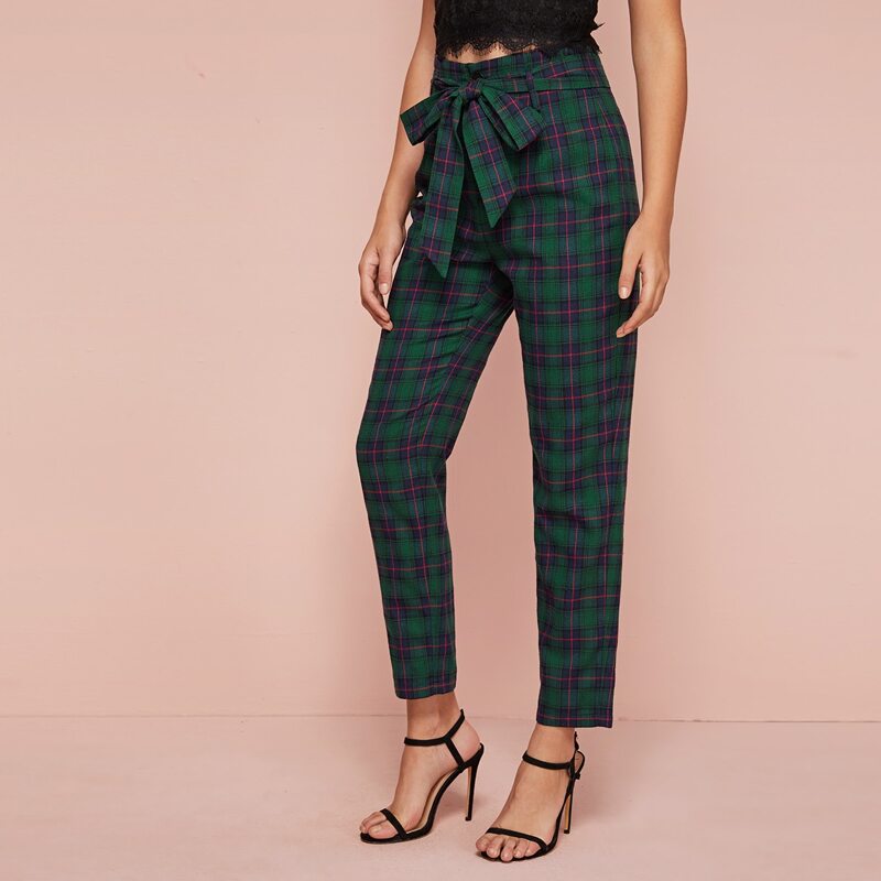 

Tartan Print Self Belted Pants, Green