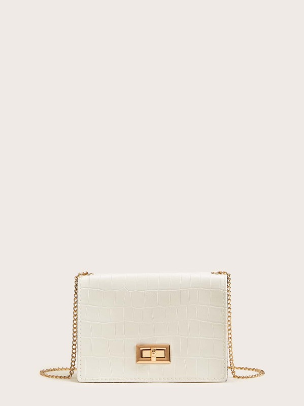 

Twist Lock Croc Embossed Chain Bag, White